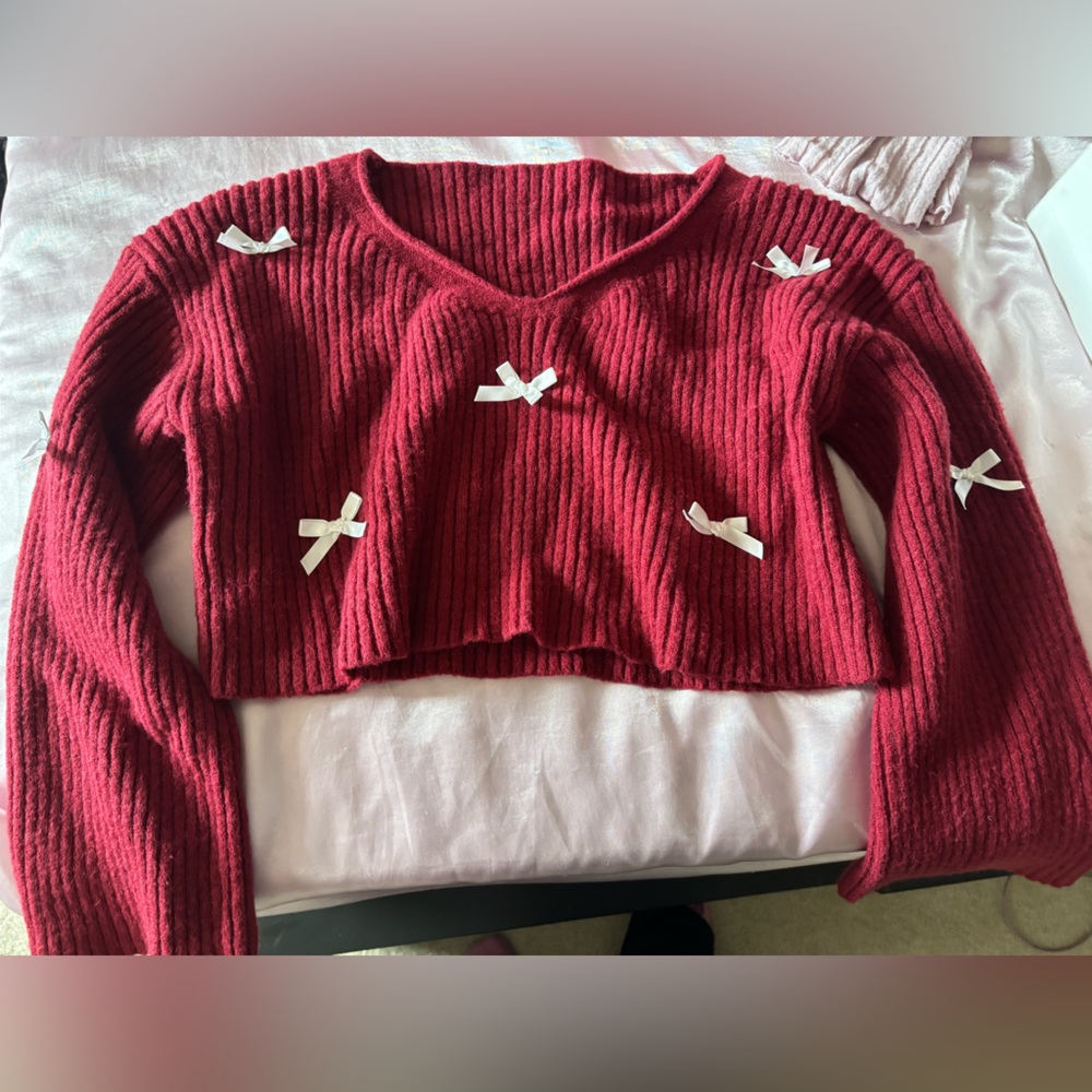 Red Cropped Sweater with White Bows